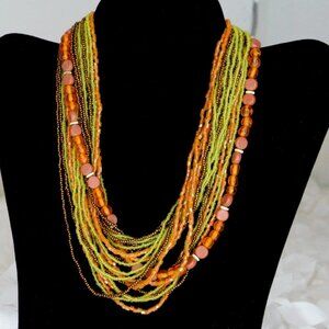 Vintage 1950s Torsade Necklace, Orange, Green & Amber Glass Beads